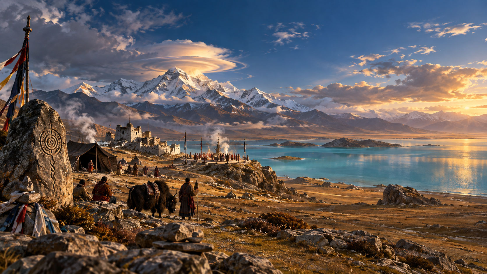 An imagined ancient Bon civilization beside a sacred lake and snow mountains