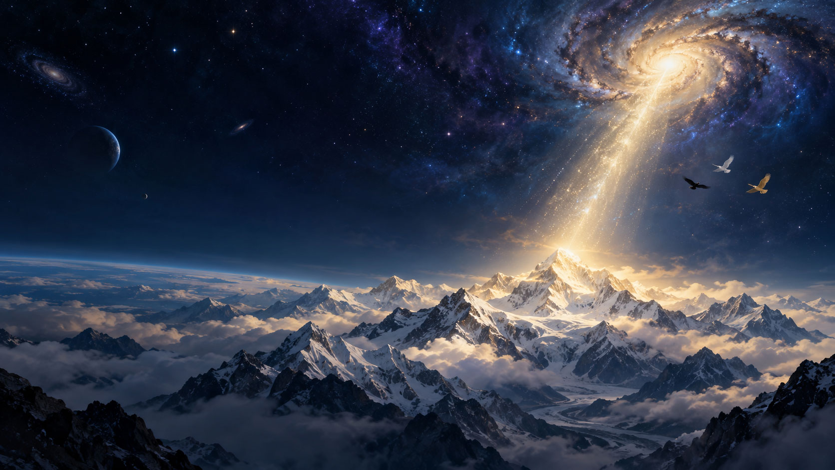 A mysterious light descends from the cosmos toward the Himalayan snow mountains