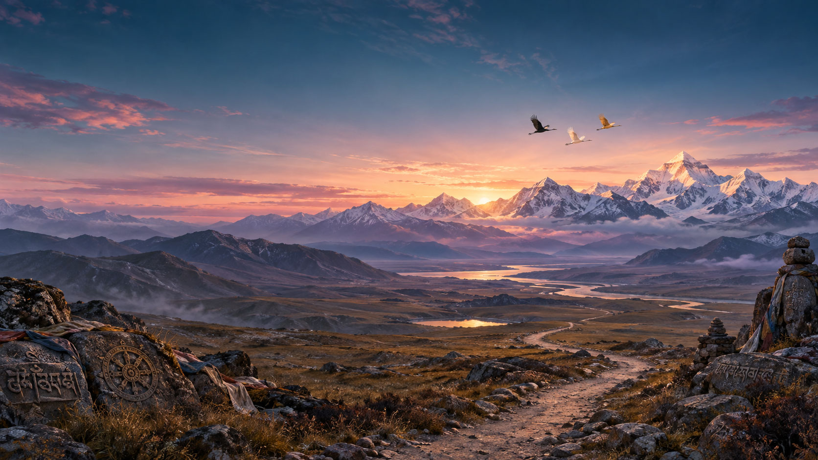 A path crosses the Tibetan plateau beneath three birds flying toward luminous mountains